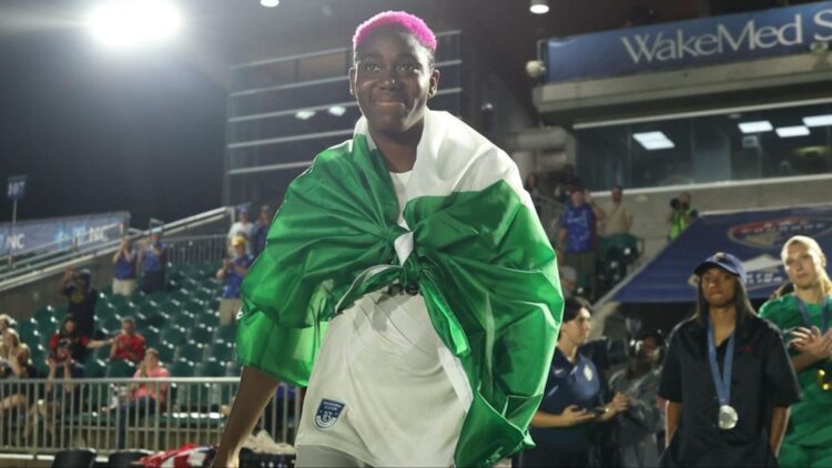 Asisat Oshoala scores for Bay FC in NWSL clash against North Carolina Courage.