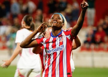 Super Falcons of Nigeria captain Rasheedat Ajibade scores for Atletico Madrid in a 4-0 derby win against Madrid CFF.