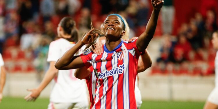 Super Falcons of Nigeria captain Rasheedat Ajibade scores for Atletico Madrid in a 4-0 derby win against Madrid CFF.