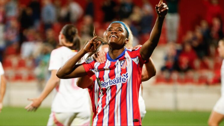 Super Falcons of Nigeria captain Rasheedat Ajibade scores for Atletico Madrid in a 4-0 derby win against Madrid CFF.