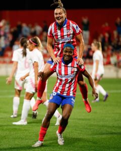 Super Falcons of Nigeria captain Rasheedat Ajibade scores for Atletico Madrid in a 4-0 derby win against Madrid CFF.
