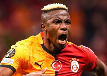 Victor Osimhen celebrates after scoring in the Europa League.