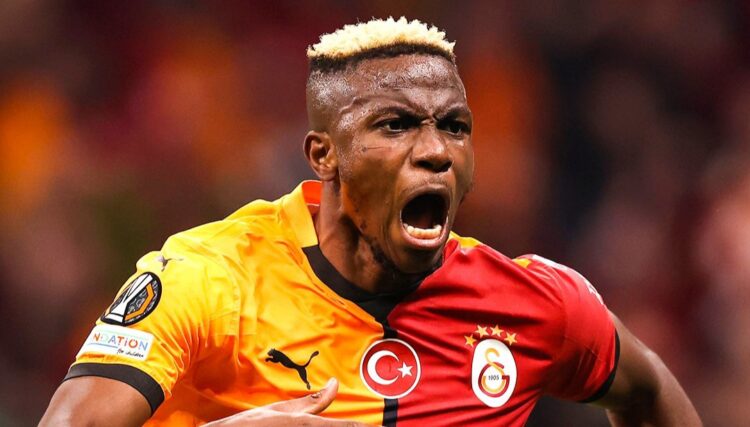 Victor Osimhen celebrates after scoring in the Europa League.