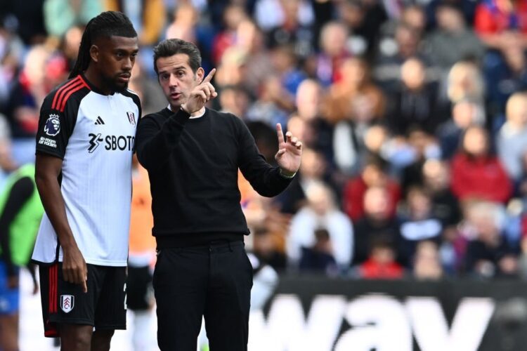 LONDON, ENGLAND - SEPTEMBER 23: Alex Iwobi and manager Marco Silva of Fulham during the Premier League match between Crystal Palace and Fulham FC at Selhurst Park on September 23, 2023 in London, United Kingdom. (Photo by Sebastian Frej/MB Media/Getty Images)
