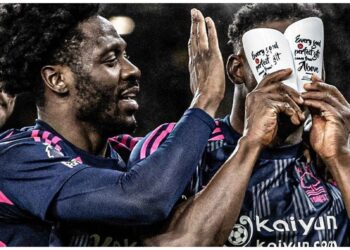 Taiwo Awoniyi shares inspirational message on shin pads after scoring first Premier League goal in 11 months