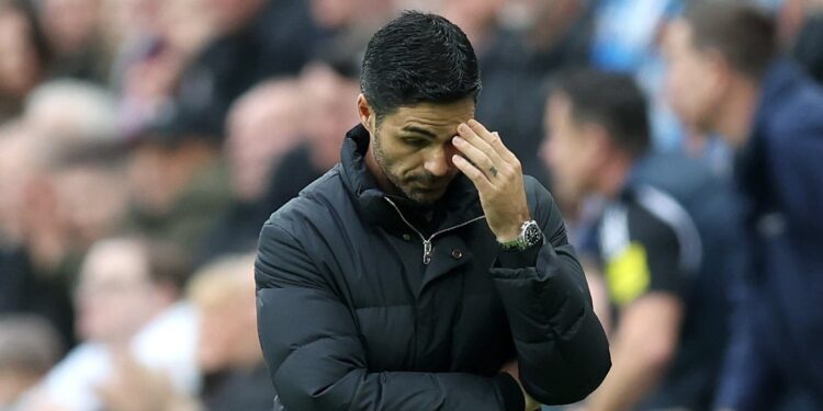 NEWCASTLE UPON TYNE, ENGLAND - NOVEMBER 02: Mikel Arteta, Manager of Arsenal, reacts during the Premier League match between Newcastle United FC and Arsenal FC at St James' Park on November 02, 2024 in Newcastle upon Tyne, England. (Photo by George Wood/Getty Images)