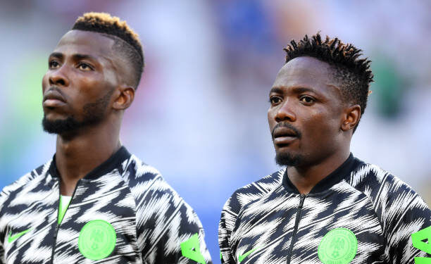 VOLGOGRAD, RUSSIA - JUNE 22:  Ahmed Musa (R) and Kelechi Iheanacho of Nigeria look on prior to the 2018 FIFA World Cup Russia group D match between Nigeria and Iceland at Volgograd Arena on June 22, 2018 in Volgograd, Russia.  (Photo by Michael Regan - FIFA/FIFA via Getty Images)