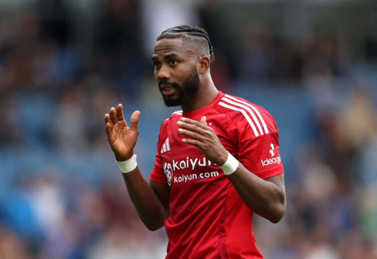 CHESTERFIELD, ENGLAND - JULY 13: Emmanuel Dennis of Nottingham Forest reacts during the Pre-Season Friendly match between Chesterfield and Nottingham Forest at SMH Group Stadium on July 13, 2024 in Chesterfield, England. (Photo by George Wood/Getty Images)