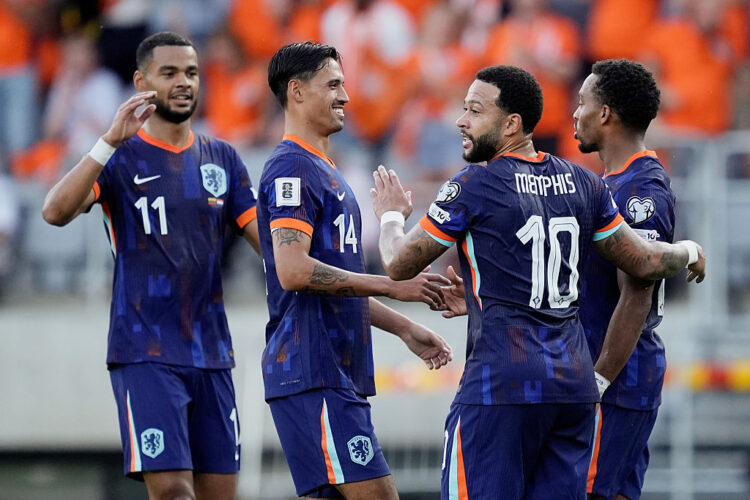 , LITHUANIA - SEPTEMBER 7: Quinten Timber of Holland celebrating 0-2 with Cody Gakpo of Holland, Tijjani Reijnders of Holland, Memphis Depay of Holland during the World Cup Qualifier match between Lithuania v Holland on September 7, 2025 (Photo by Roy Lazet/Soccrates/Getty Images)